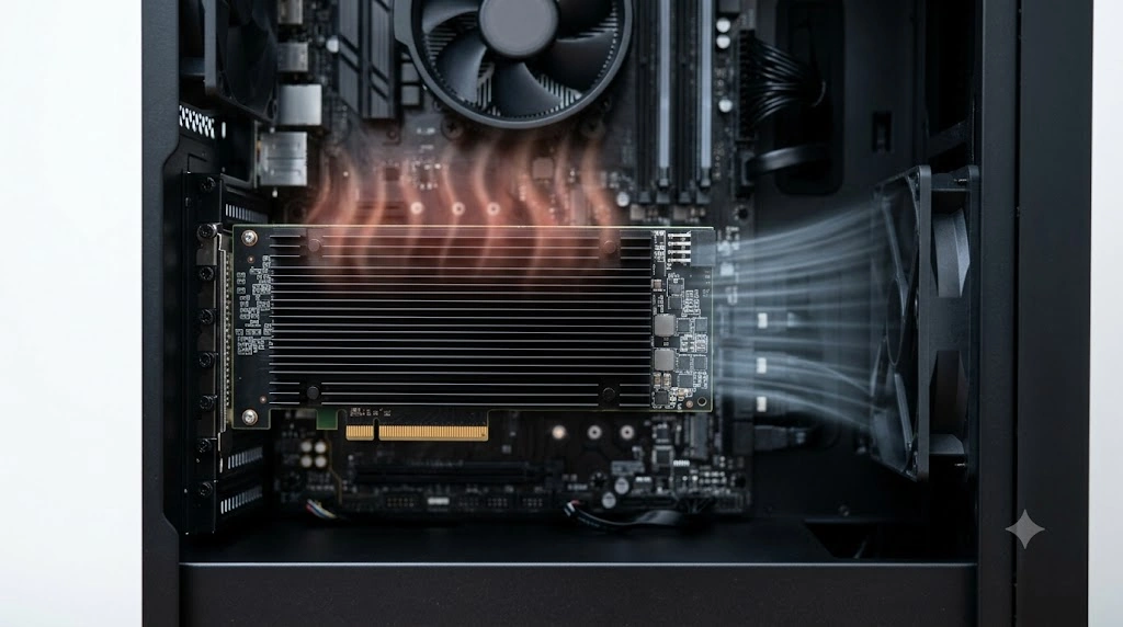 PCケース内で発熱するRAIDカードのヒートシンクと、それに風を送るケースファンのエアフローのイメージ。
