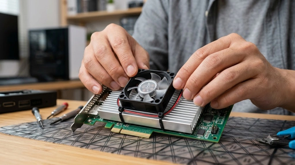 RAIDカードのヒートシンクに結束バンドで小型冷却ファンを後付け(DIY)する日本人男性の手元。