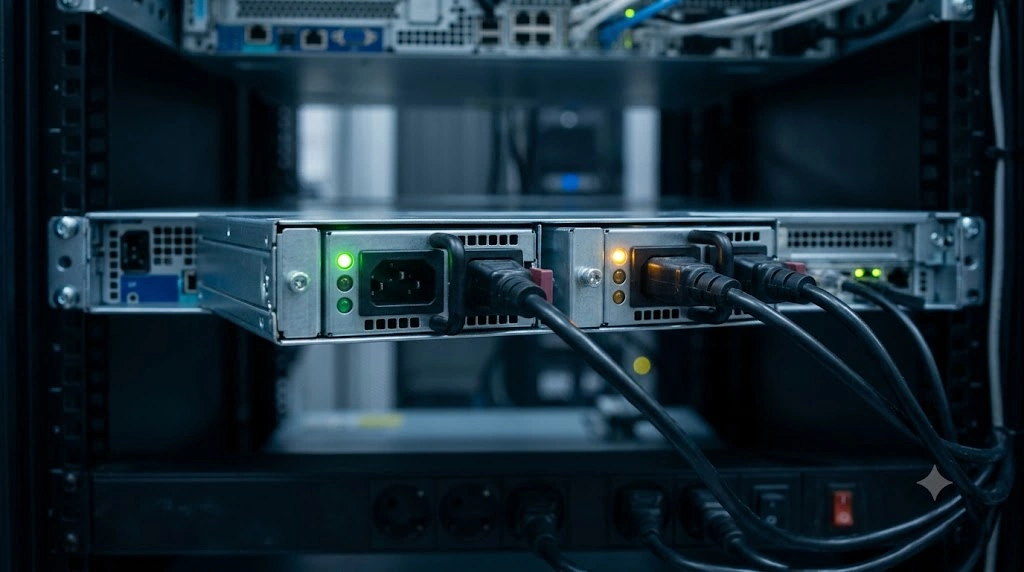 サーバーラックに搭載された2基の電源ユニットが、冗長化構成(Active/Standbyモード)で運用されている様子。