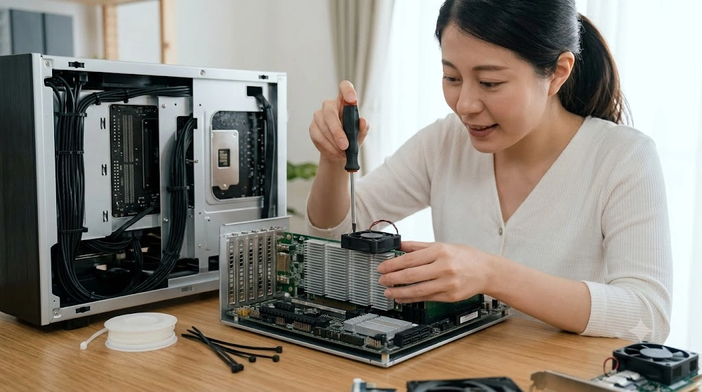 PC作業デスクで、日本人の自作PCユーザーがRAIDコントローラカードのヒートシンクへ小型冷却ファンを慎重に取り付けている様子。手元には結束バンドやドライバーがあり、DIYによる熱対策の重要性と実用性を表現している。