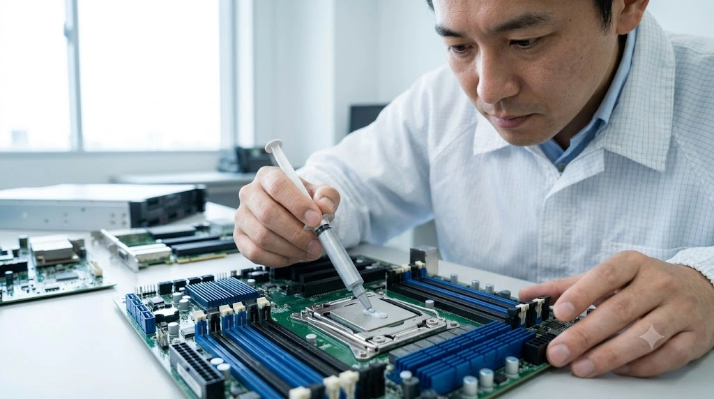 クリーンな作業環境で、日本人の男性技術者がRAIDカードのROCチップ表面に、新しいサーマルコンパウンド(熱伝導グリス)を慎重に塗布している。劣化したグリスを塗り替えるメンテナンスが、長期的な物理故障を防ぐために重要であることを示している。