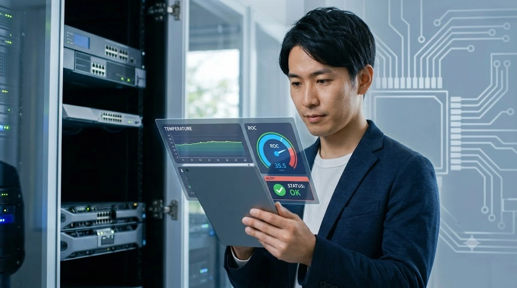 モダンな小型サーバー整頓された環境で、日本人の男性IT管理者がタブレット端末を使い、MegaRAID Storage ManagerのようなGUIツールでRAIDカードのROCチップ温度とステータスをリアルタイムに遠隔監視している。プロアクティブな管理体制を表現している。