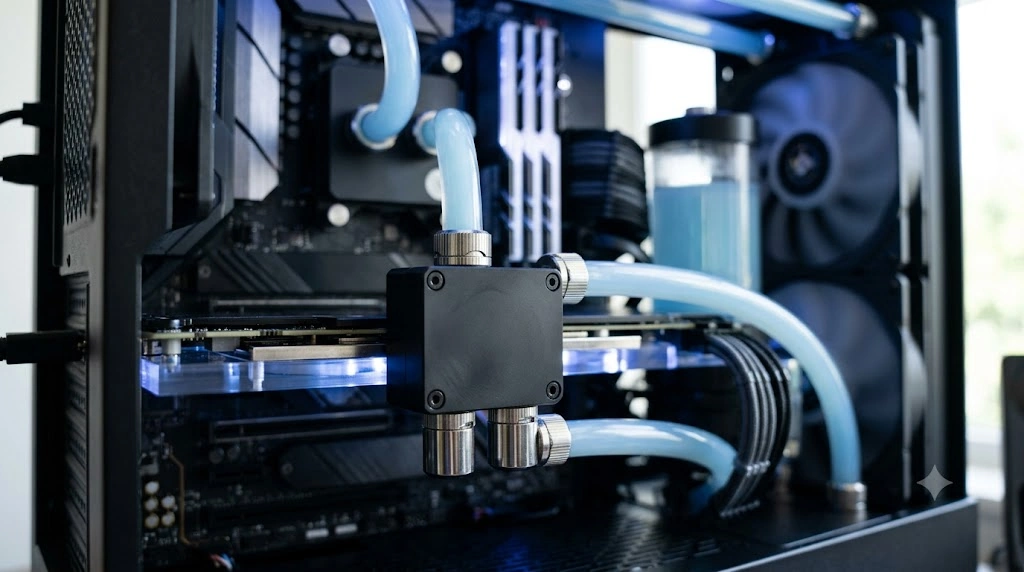 拡張スロットが過密なPCケース内で、標準のヒートシンクを汎用水冷ブロック(ブラックニッケル仕上げ、クリアチューブ、水色クーラント)に換装されたRAIDカードの様子。カスタム水冷ループに組み込まれ、隣接する大型グラフィックカードとの数ミリの隙間でも確実に冷却している究極の熱対策ソリューション。