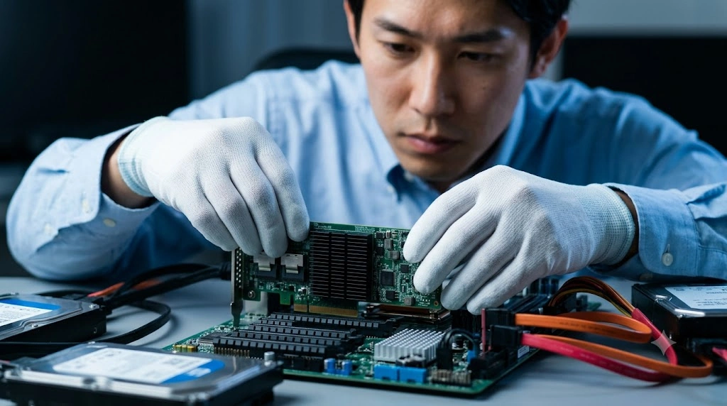 エンジニアがPCのPCIeスロットにRAIDカードを装着している様子