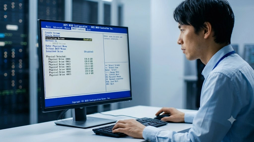 エンジニアがモニターに表示されたUEFI BIOS設定画面でRAIDアレイの初期化・作成手順を確認・操作している様子
