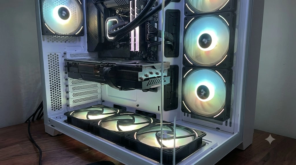 透明なガラスパネルを繋ぎ合わせたピラーレスPCケースの広角パノラマビュー。内部は明るくライトアップされており、底面（ボトム）に3基、側面（サイド）に2基のRGBライティング付きリバースファンが、美しいブレード面を内側に向けて吸気として設置されている。ケース内は埃がなく非常に清潔。