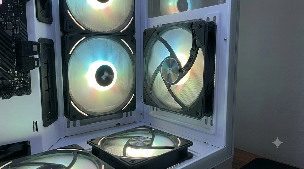 PCケース背面の排気口に取り付けられた、RGBライティング付きの通常ケースファンの近接写真。排気方向（ケース外）に向けて設置されているため、ケース内部からはファンモーターを支える黒い支柱（フレーム）と配線がはっきりと見えている。内部は明るく清潔で、他のファンと同期したライティングが施されている。