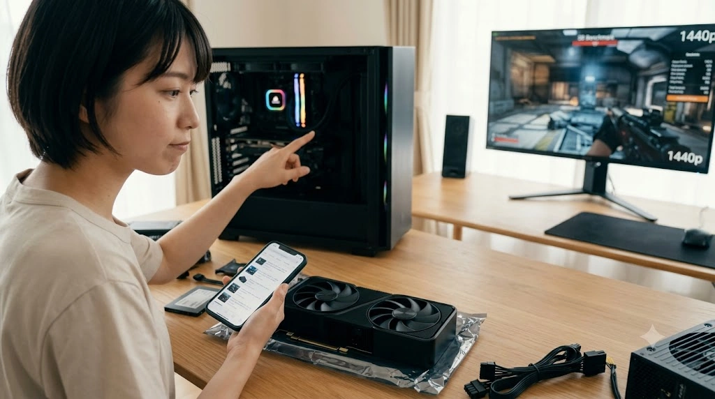 自作PCのパーツを前に、スマートフォンで評判を検索し、購入を思案する女性。