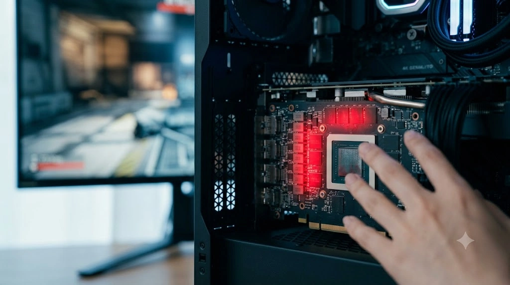 PCケース内で高負荷により発熱し、赤く発光するグラフィックボードのVRAMチップ周辺のマクロ撮影。背景のモニターは4Kゲームでカクついている。