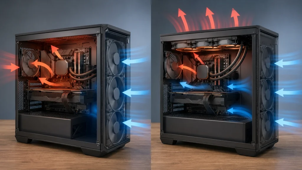 簡易水冷の前面吸気と天面排気によるPCケース内エアフローの違い