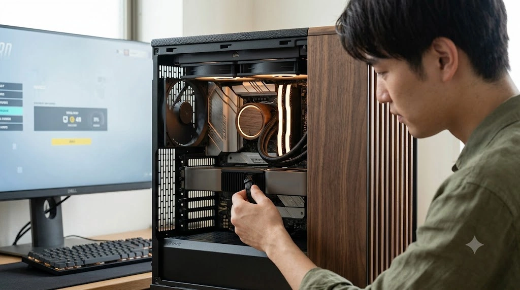 木目調のPCケース内部に、高性能なグラフィックボードとCPUクーラーが搭載されている様子。木の温もりに合わせたオレンジ色のLEDライティングが、ゲーミングPCの新しいスタイルを演出。