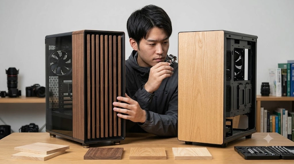 日本のPCパーツ専門家が、2種類の異なる木目調PCケース（ウォルナット材とオーク材）の質感と品質を詳細に比較・調査している様子。異なる木材の特性や製品の専門的な評価。