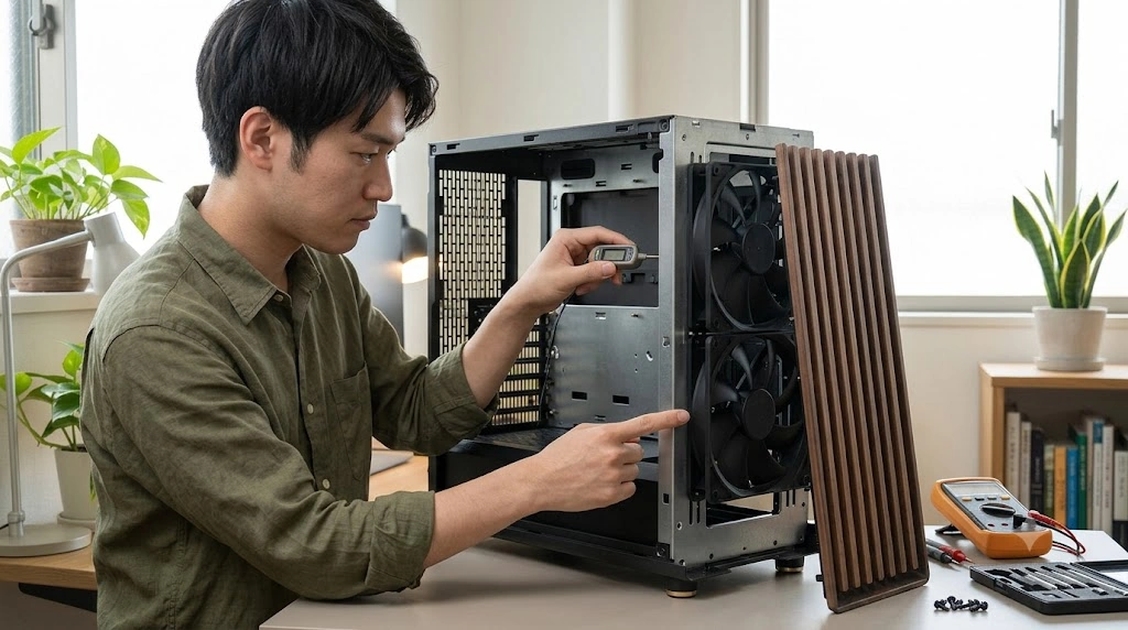 日本人のPCユーザーが、フロントパネルを外した木目調PCケースの前に立ち、冷却ファンと金属シャーシの境界を専門的な温度計プローブで検証している様子。木材の断熱性とEMIリスクを克服する、大型ファンと内部金属構造の重要性を示す。