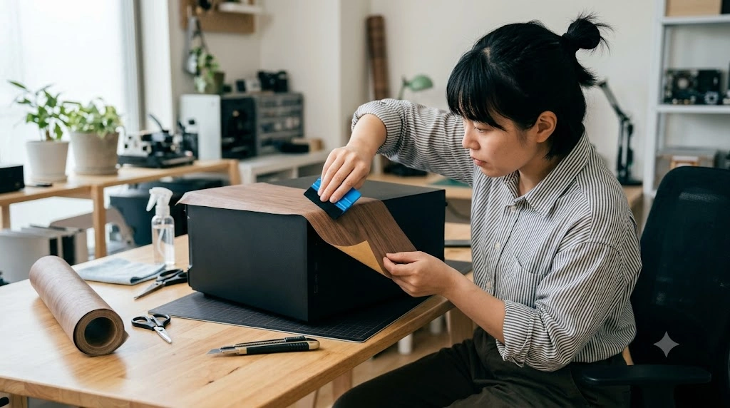 日本人のDIYユーザーが、一般的な黒いPCケースのフロントパネルに木目調のリメイクシートを貼り付けている様子。スキージーを使って空気を抜き、きれいに仕上げる工程。