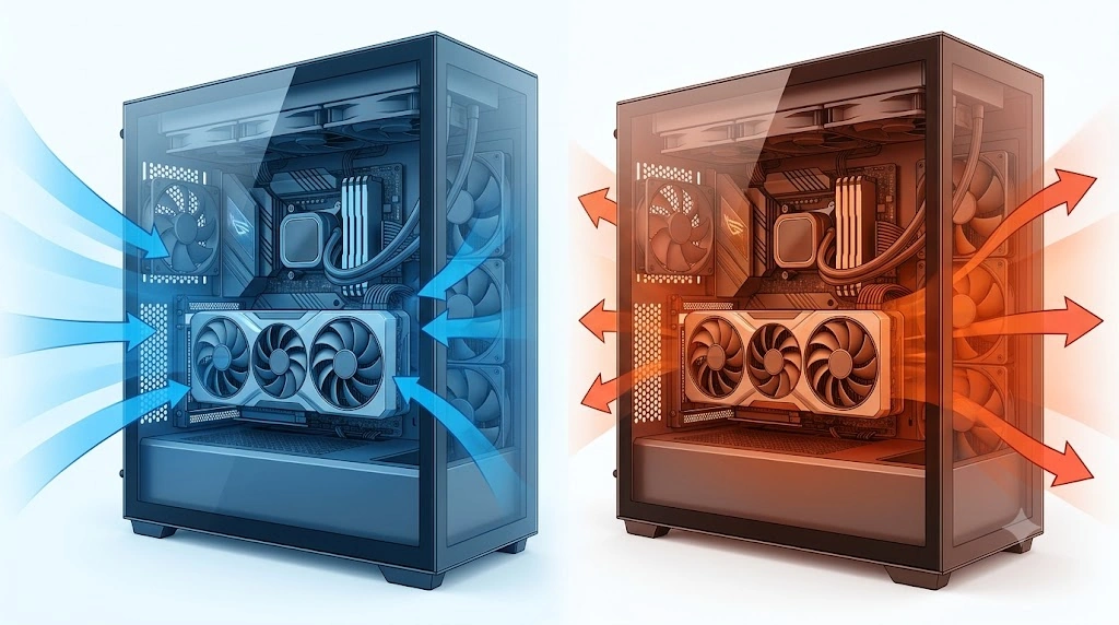 PCケースの側面吸気と側面排気におけるエアフローの違いと空気の流れを示す比較イラスト