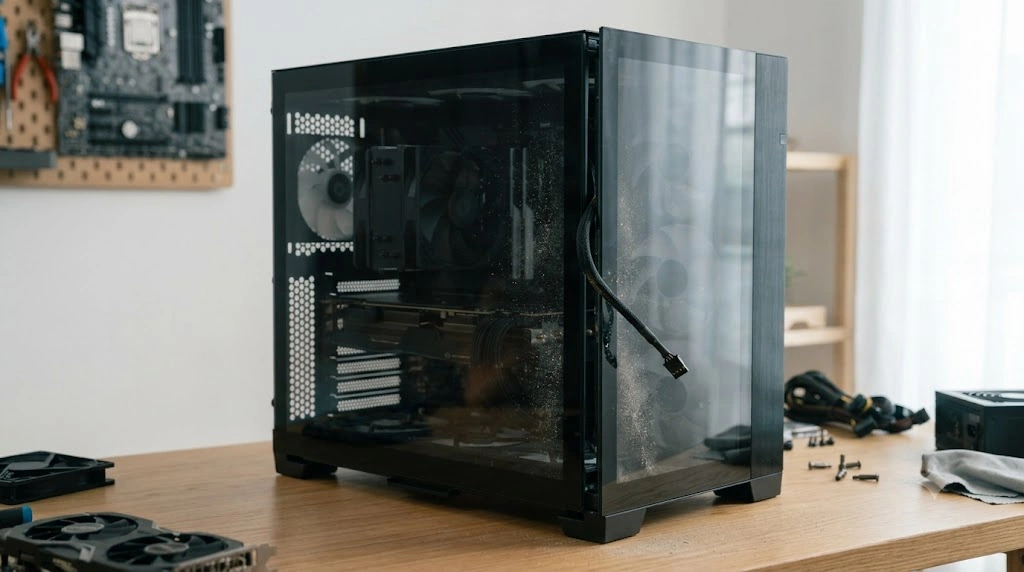 PCケースの側面パネルに取り付けられたファンとメッシュ部分に、負圧によって吸い込まれた細かい埃が蓄積している様子を斜め前から捉えた実写写真。サイドパネルはわずかに浮かび、そこから伸びるファンケーブルが邪魔そうにたわんで、開閉を妨げている。