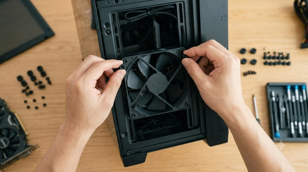 PCケースの側面ガラスパネルのファン取り付け部分に、日本人男性自作PCユーザーの手が小さな黒い防振ゴムワッシャーを配置しているクローズアップ実写写真。パネルの内側できれいに固定されたファンケーブル(画像13のたわんだケーブルを解決)と、埃が拭き取られたきれいなメッシュ部分が見える。整理されたデスクの背景には、小さなドライバーセットがボケて写っている。