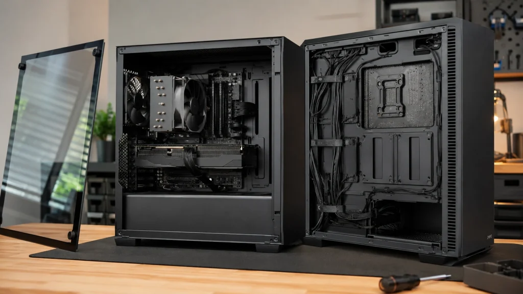PCケースの表側と裏側を開き、ケーブルを背面へきれいに整理した裏配線の完成例