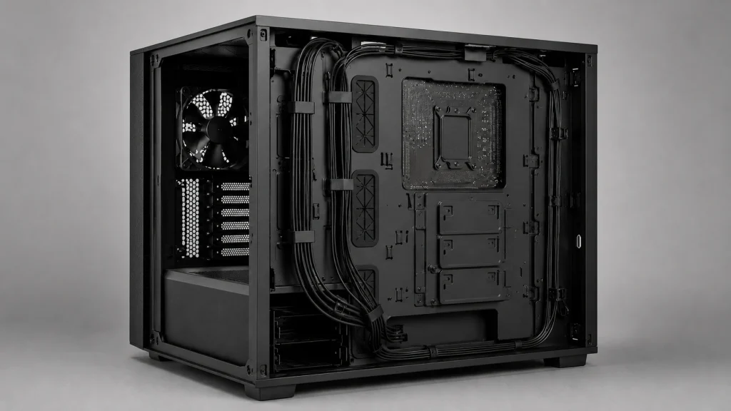 ケーブルホールや固定ストラップを備えた裏配線しやすいPCケースの背面スペース