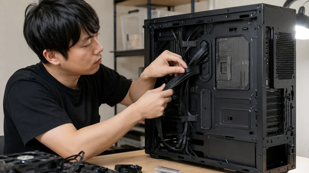 日本人男性がPCケースの背面で太い電源ケーブルを順番に通して裏配線する様子