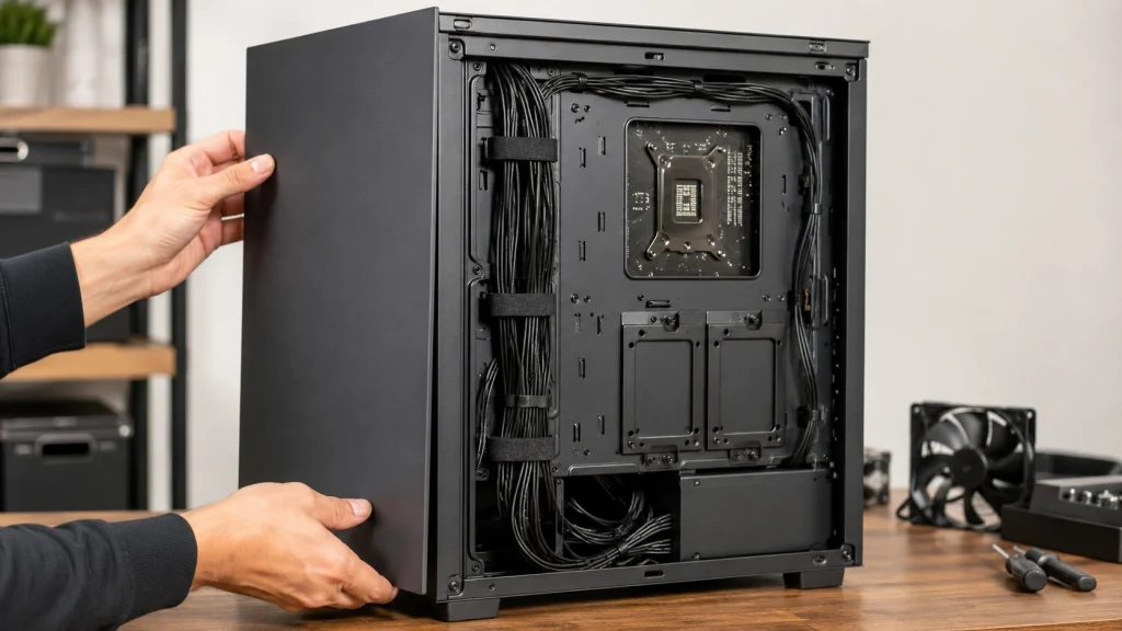 裏配線を平らに整え、PCケースのサイドパネルが閉まるか確認している様子
