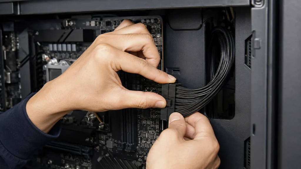 PCケース内で24ピン電源ケーブルのテンションを緩めながらロック爪を確認している作業風景