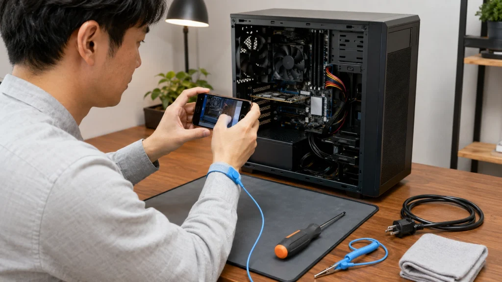 電源を抜いたPCケース内部をスマホで撮影し、24ピンコネクタ周辺を安全確認している様子