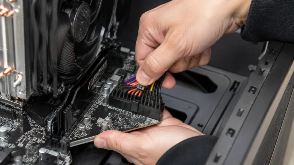マザーボードを支えながら24ピン電源コネクタのラッチを押し、まっすぐ安全に外している手順