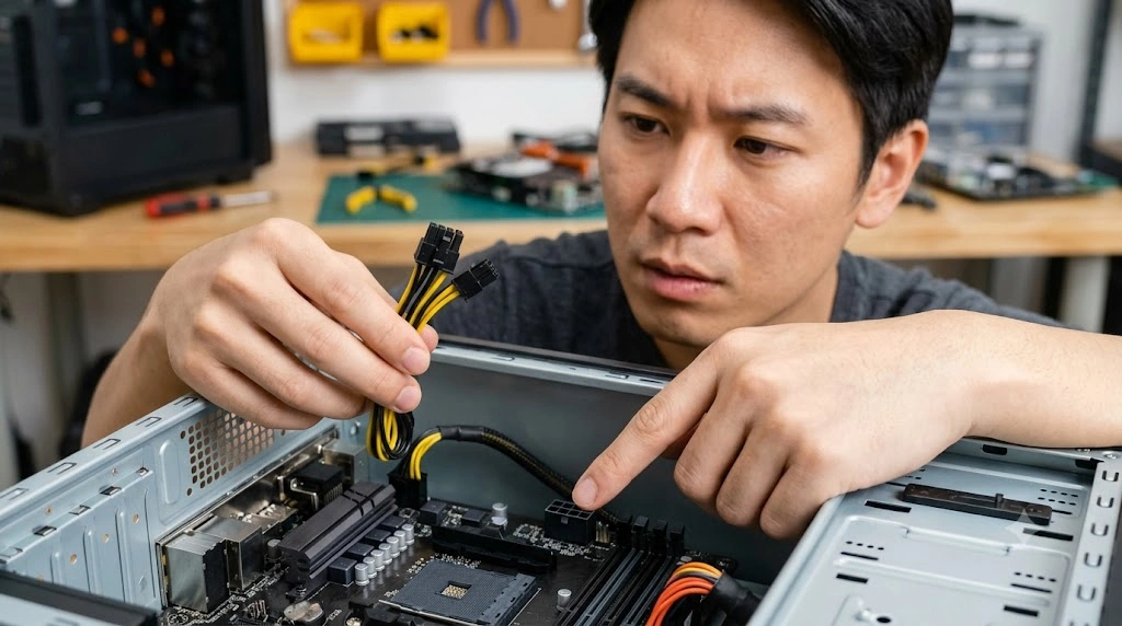 マザーボード上の8ピンCPU補助電源コネクタを真剣な表情で見つめる日本人男性の自作PCファン。手に持った4ピンケーブルとの互換性を確認している。