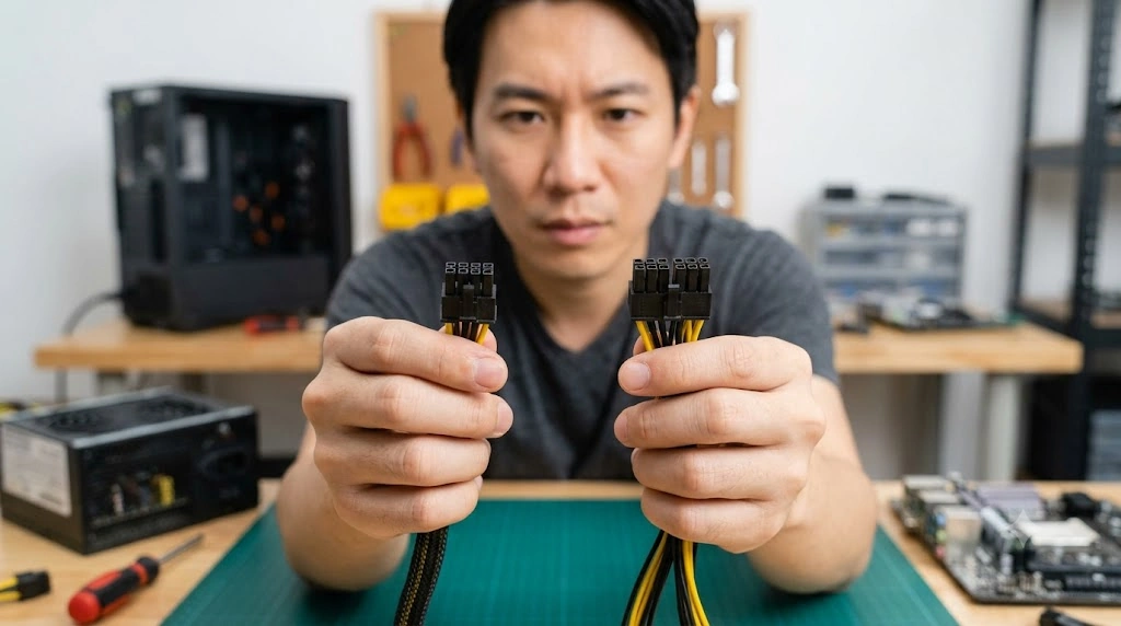 日本人技術者(画像1と同一人物)が、PC作業台で4ピンATX12Vケーブルと8ピンEPS12Vケーブルの両方を手に持ち、カメラに向かってその物理的な端子構造の違いを明確に示している様子。8ピン側が4+4ピン分割型であることを示唆。E-E-A-T向上のための解説シーン。