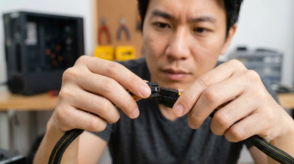 C作業台で両手を使って2つの4ピンCPU補助電源コネクタを慎重にスライドさせ、合体させて1つの8ピンコネクタにする様子。コネクタのレールと凹凸が噛み合い、4+4ピン分離型ケーブルの仕組みを詳細に示している。
