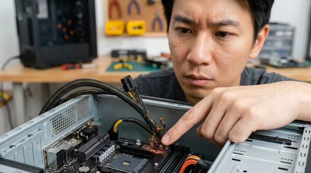 マザーボード上の8ピンEPS電源ソケットに、誤って4ピンのみを接続したことによる過度な熱で融解したコネクタのクローズアップ写真。日本人技術者(画像1と同一人物)が損傷箇所を指さし、リスクを警告している。