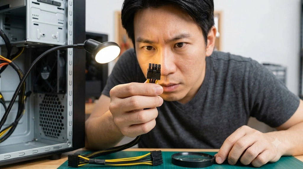 PCケースの横で、技術者がCPU補助電源ケーブル(4+4ピン)を目の前数センチにかざし、ピンの形状や分割構造を至近距離で睨んで識別する様子。グラフィックボード用ケーブル(6+2ピン)との誤接続を防ぐための慎重な目視確認シーン。