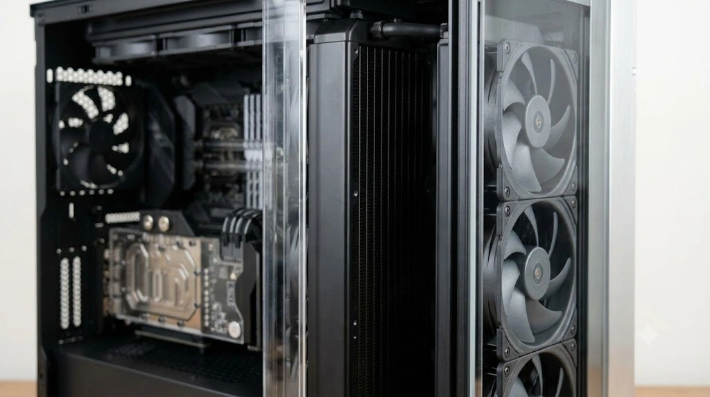トリプルチャンバー構造のPCケースにおける、水冷ラジエーター専用の「第3室」の近接カット。メインチャンバーとは透明なパネルで完全に仕切られ、側面から外気を直接吸い込む独立した冷却経路であることを示している。