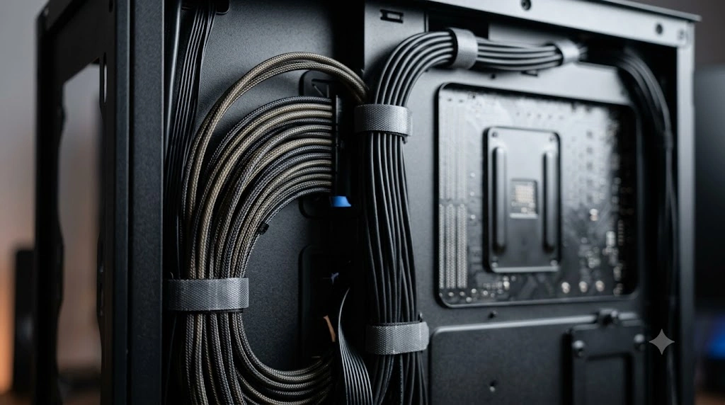 トリプルチャンバー構造のPCケースの背面(第2室)における、高度なケーブルマネジメント。太い電源ケーブル類が専用の経路と面ファスナーで美しく束ねられ、メイン空間へのエアフローを阻害しないよう完璧に隠蔽されている。