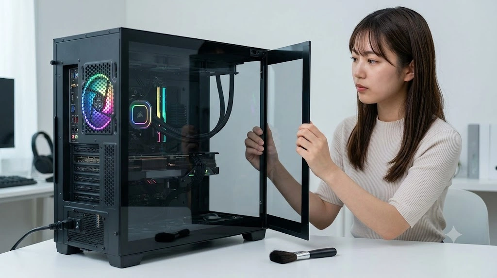 ピラーレスデザインを採用したトリプルチャンバーPCケースのサイドパネル(フレンチドアスタイル)を、工具を使わずに手で簡単に開ける日本人女性。内部コンポーネントが美しく見え、メンテナンスが容易であることを示している。
