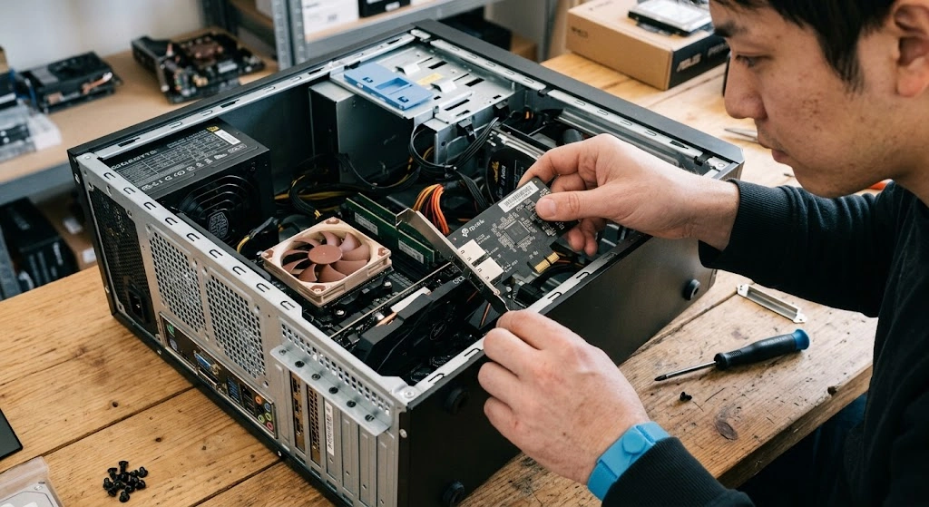 デスクトップPCのPCIeスロットに2.5G LANカードを増設する様子