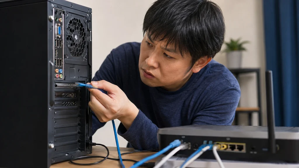 2.5G LANカードの速度が出ない原因をLANケーブルとルーターで確認する様子