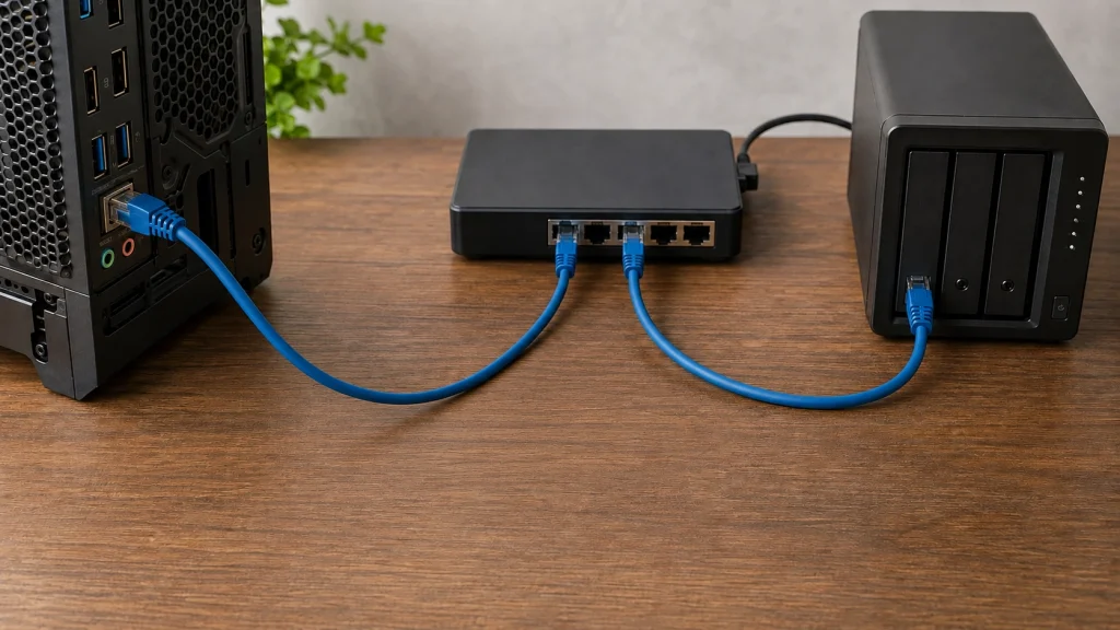 PCとスイッチ、NASをLANケーブルで接続した2.5GbEネットワーク構成