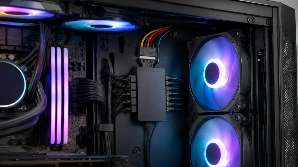 ARGBケースファンをPWM対応ファンハブにまとめて接続したPC
