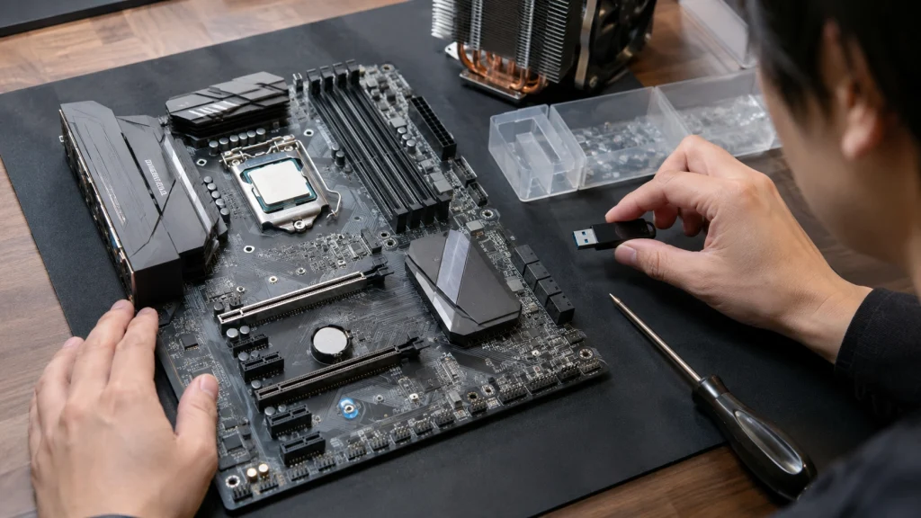 Core i7-14700F対応マザーボードのBIOS更新を準備する様子