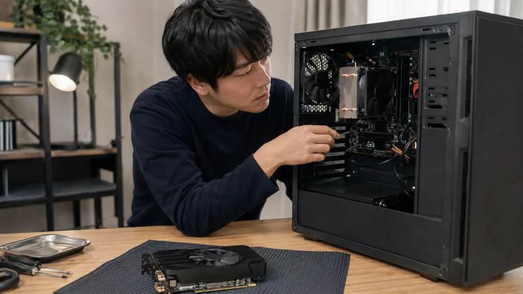 グラフィックボードを取り外して自作PCの映像出力トラブルを確認する様子