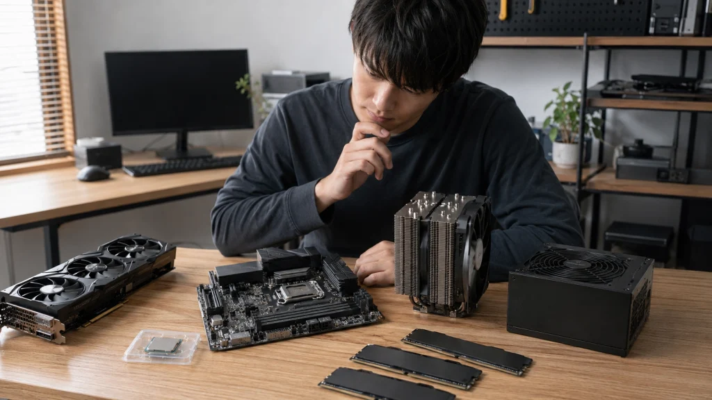 CPUやマザーボードなど自作PCパーツの構成と予算を検討する様子