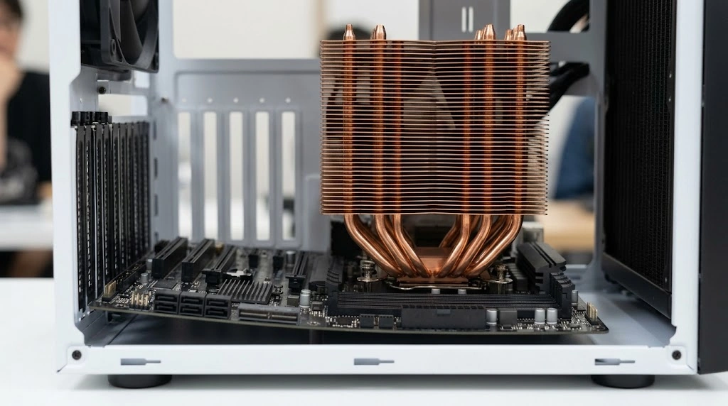 巨大な銅製CPUクーラーの重みで、マザーボードがわずかにたわんでいる様子を捉えた側面写真。