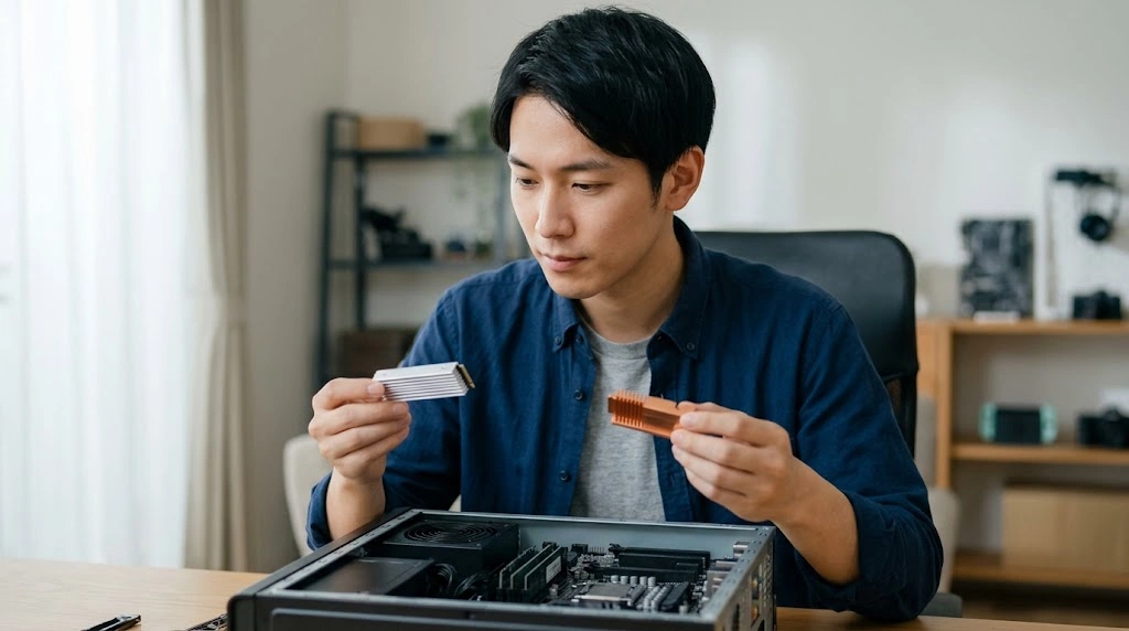 デスクで自作PCの冷却構成を検討する日本人男性。銅製とアルミ製のヒートシンクが並んでいる。