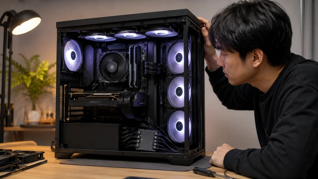 ファンハブ接続後にケースファンの動作を確認するPCユーザー