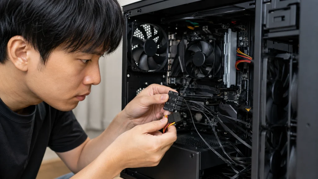 PCケース内でファンハブにSATA電源を接続する様子