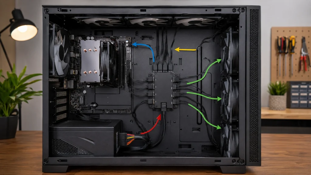 ファンハブとSATA電源・PWM・ケースファンの接続配線例