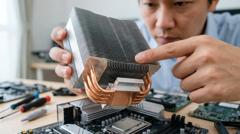 PCヒートシンクの構造を分解し、熱源に接するベース部と、表面積を稼ぐ放熱フィン全体を視覚的に説明する構造図。