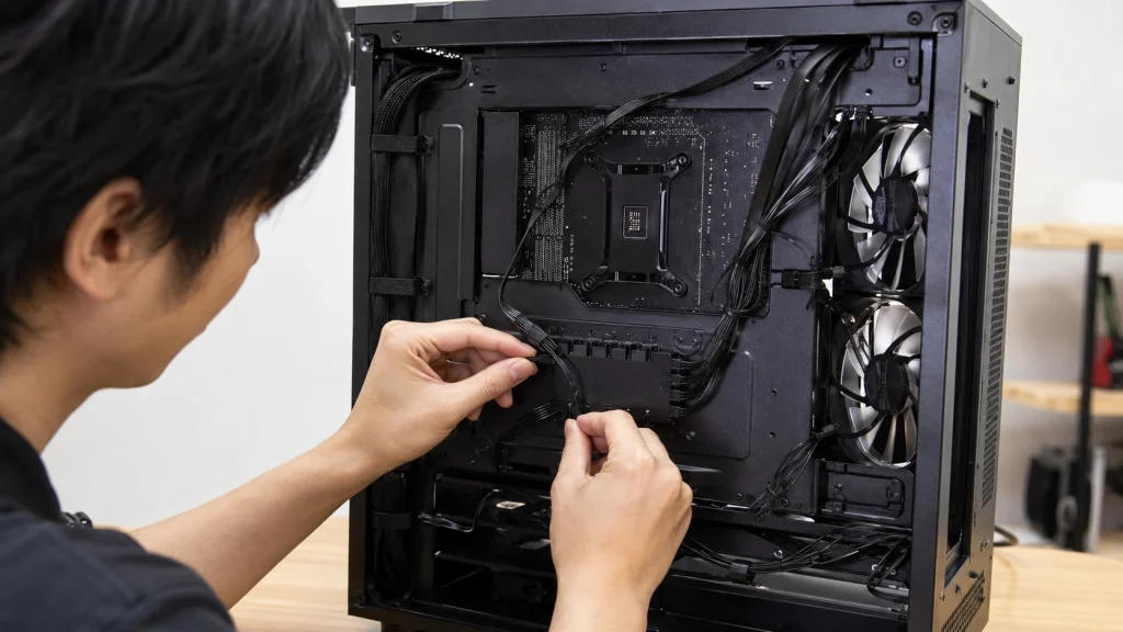 PCケース内でファンハブにケースファンの配線を接続する作業